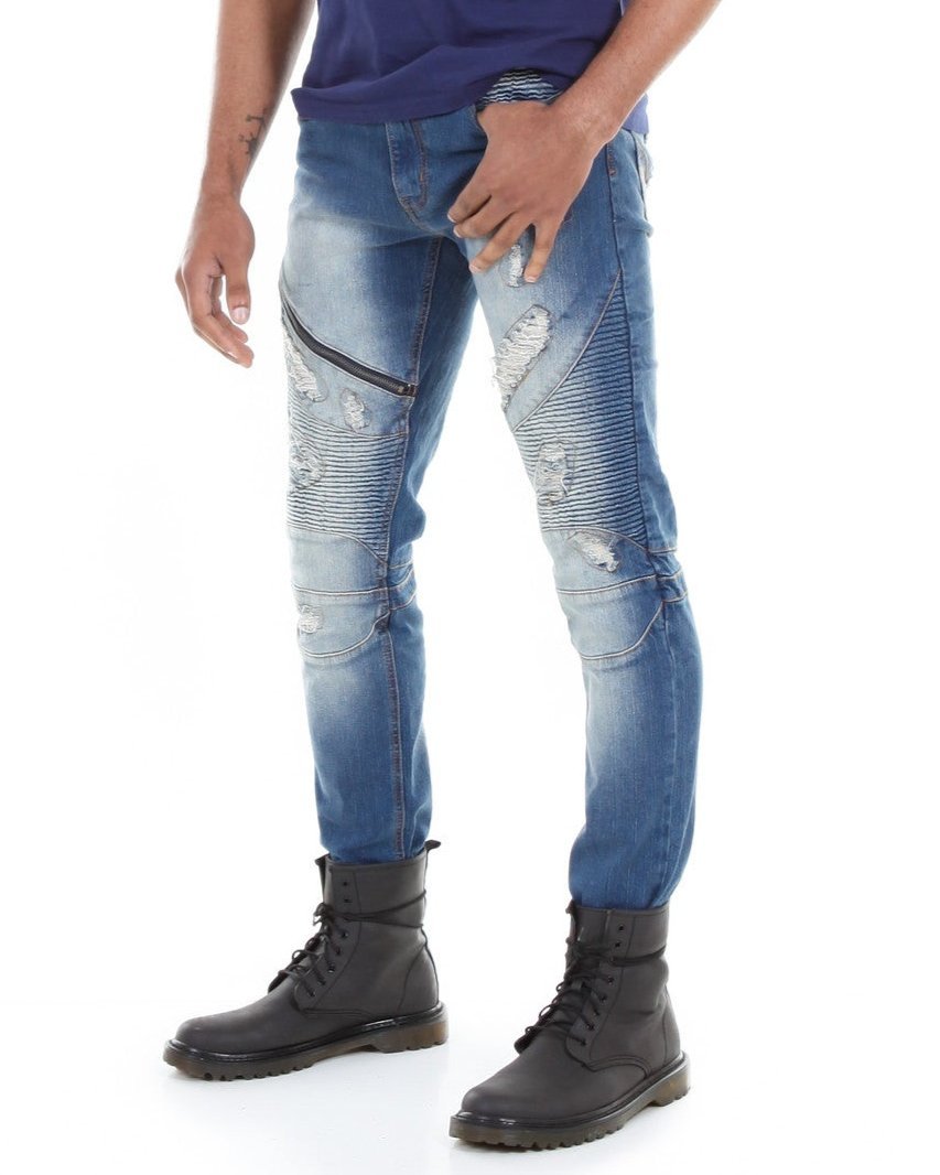 Skinny Ripped and Faded Moto Jeans - Royal Blue® Apparel