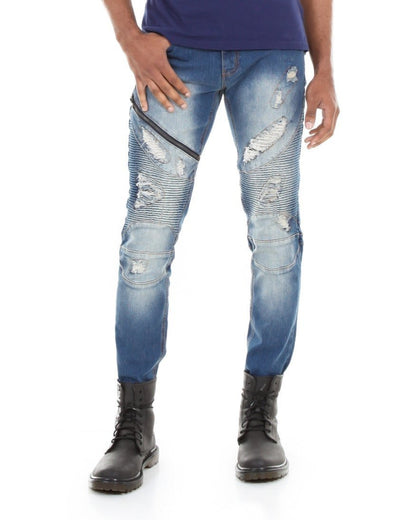 Skinny Ripped and Faded Moto Jeans - Royal Blue® Apparel