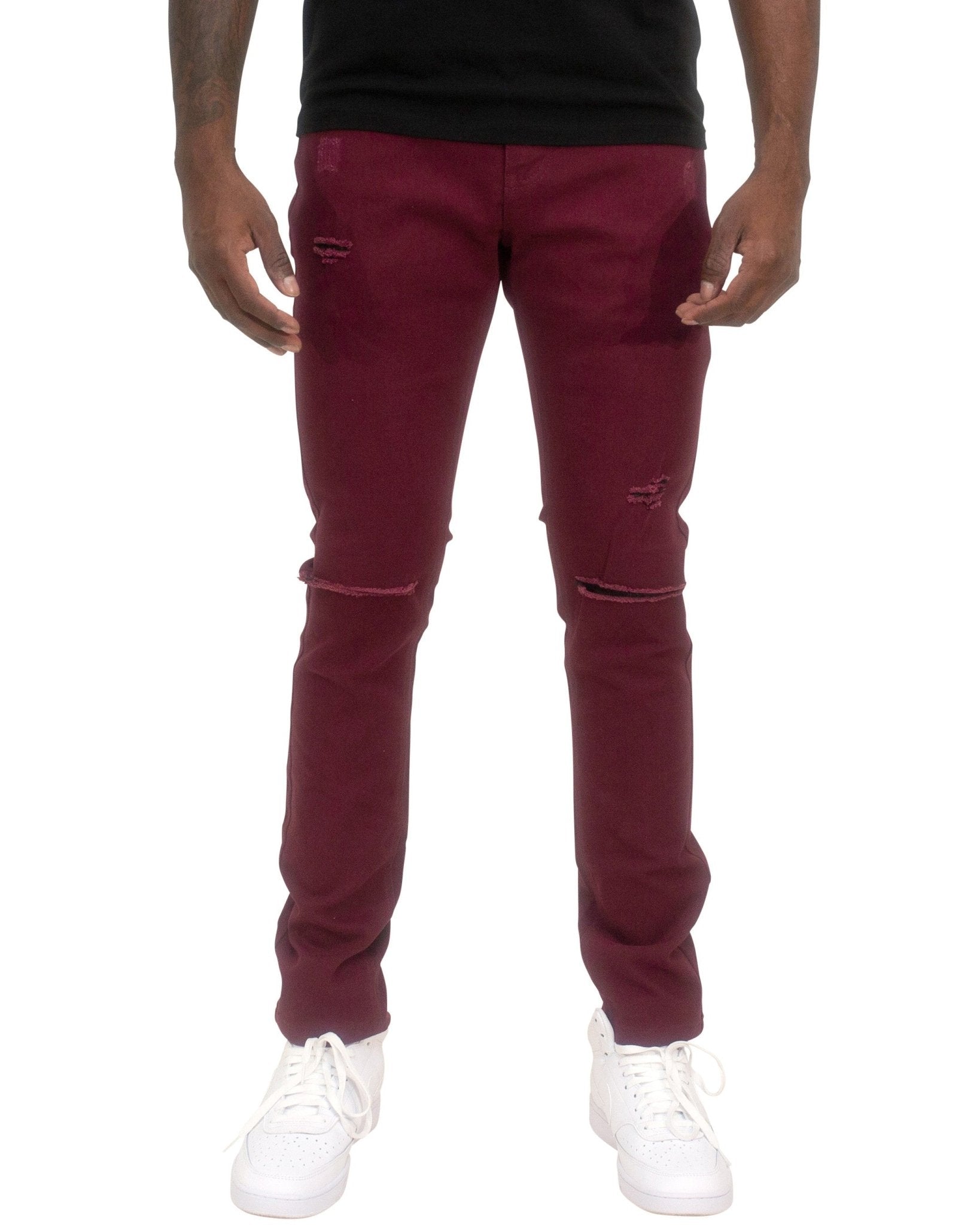 Twill Stretch Skinny Pants w/ Rips & Abrasions - Royal Blue® Apparel