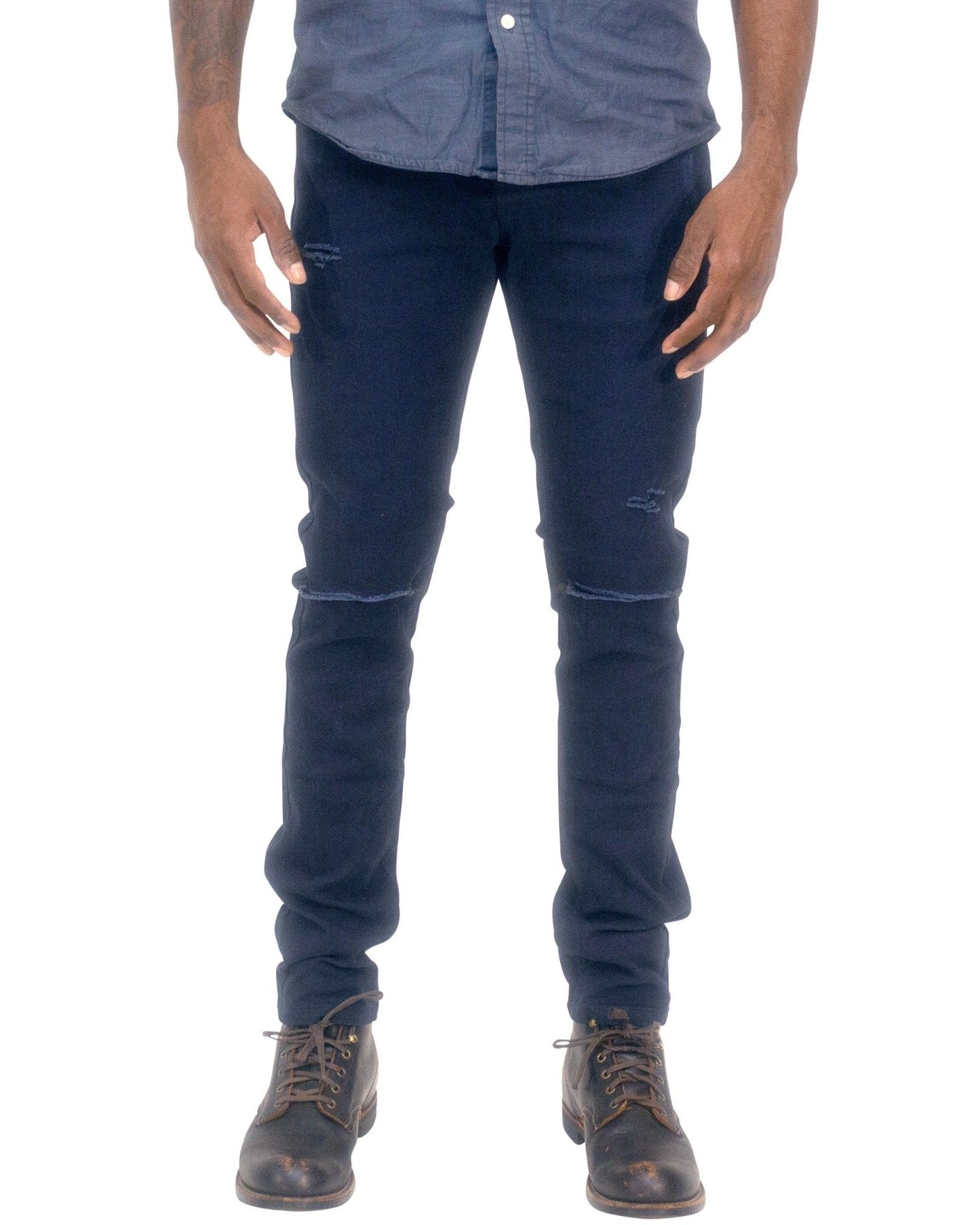 Twill Stretch Skinny Pants w/ Rips & Abrasions - Royal Blue® Apparel