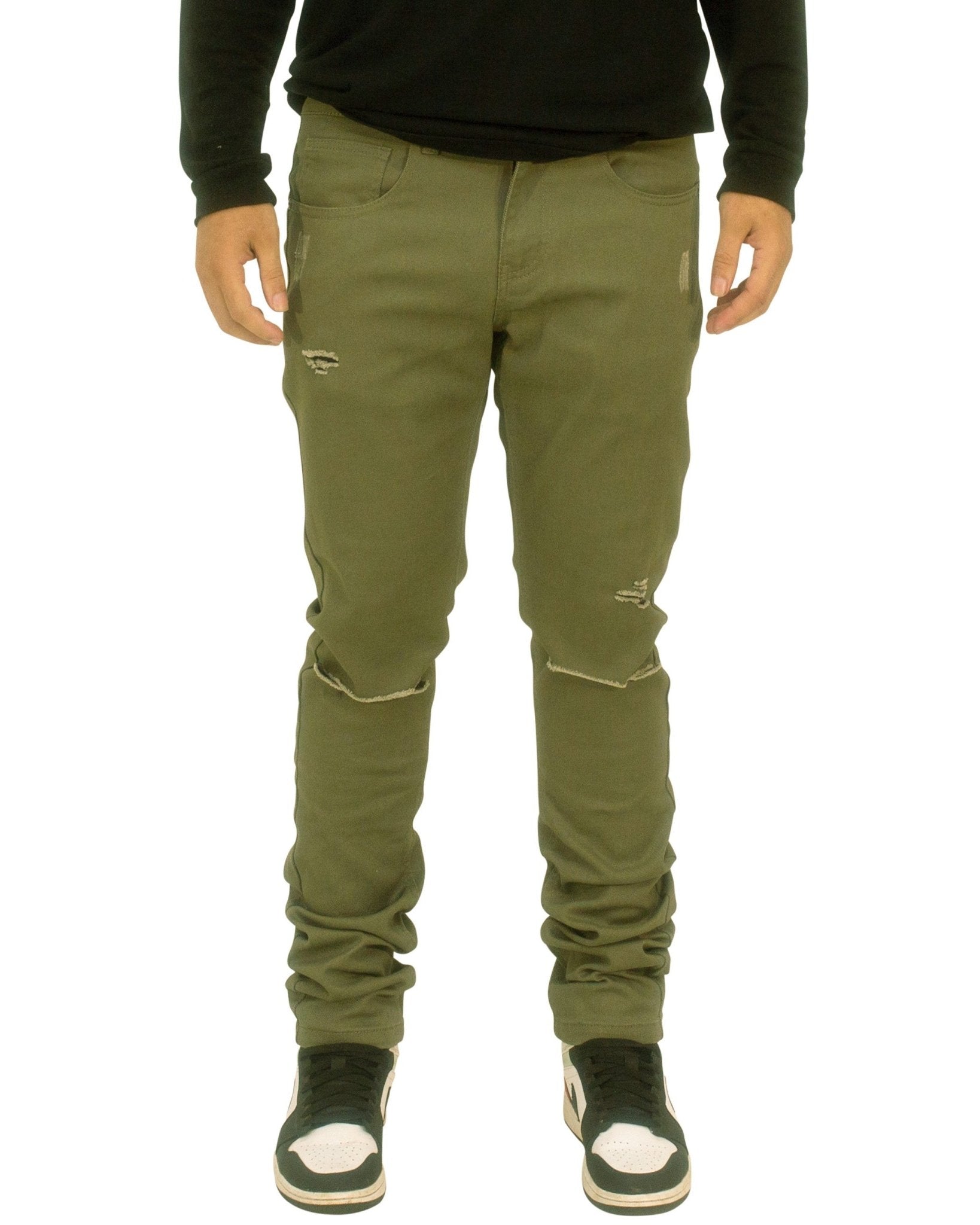 Twill Stretch Skinny Pants w/ Rips & Abrasions - Royal Blue® Apparel